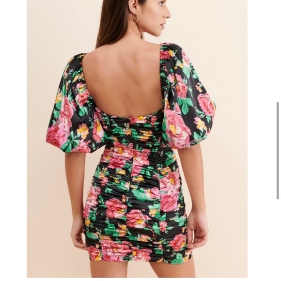 NWT For Love and Lemons Jolie Floral Ruched Puff Sleeve Mini Dress - Picture 3 of 13